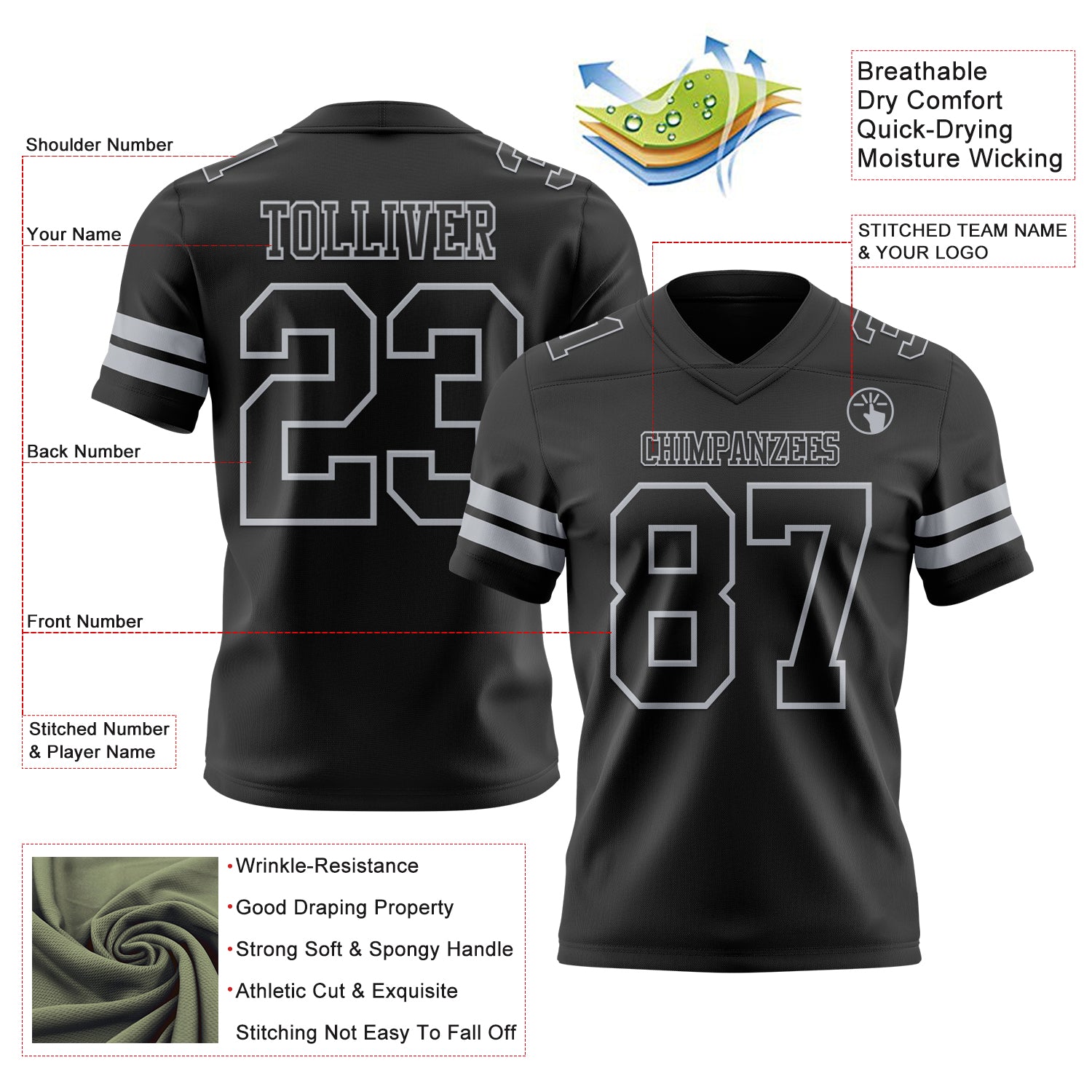 Custom Black Gray Authentic Football Jersey