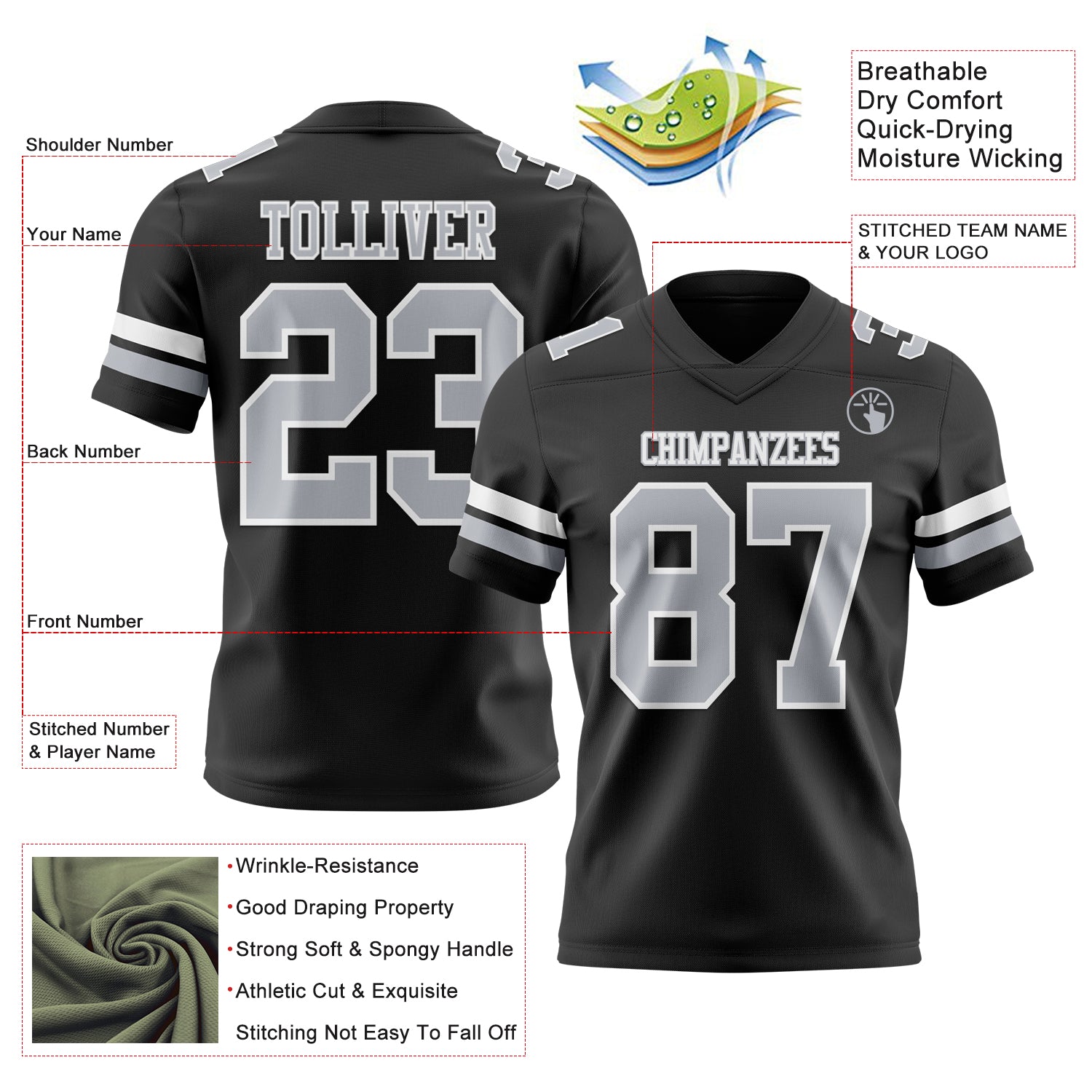 Custom Black Gray-White Authentic Football Jersey