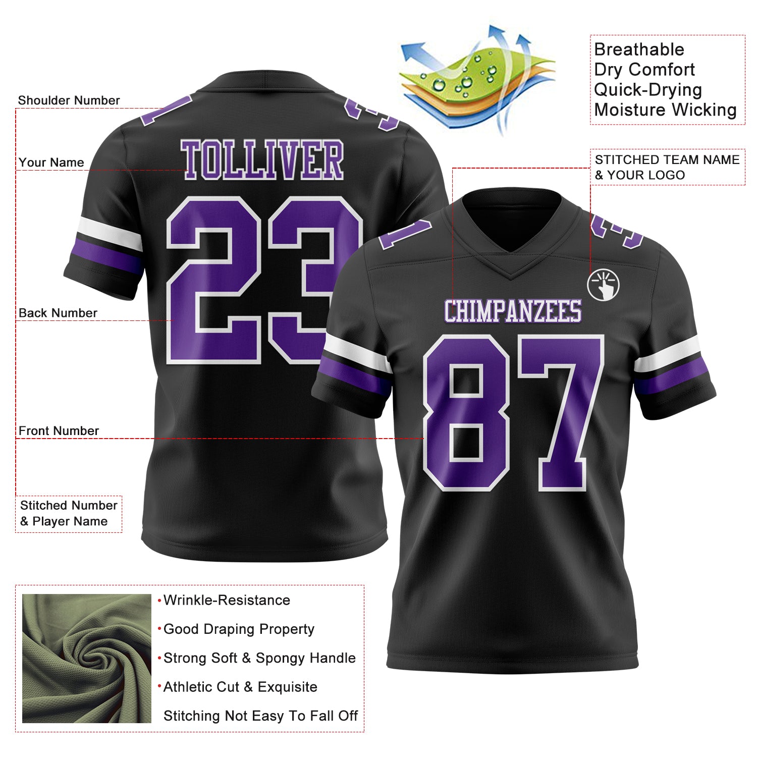 Custom Black Purple-White Authentic Football Jersey