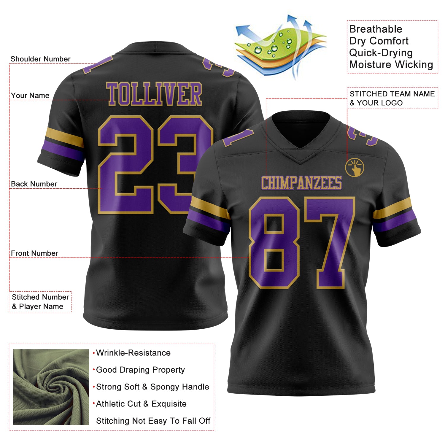 Custom Black Purple-Old Gold Authentic Football Jersey