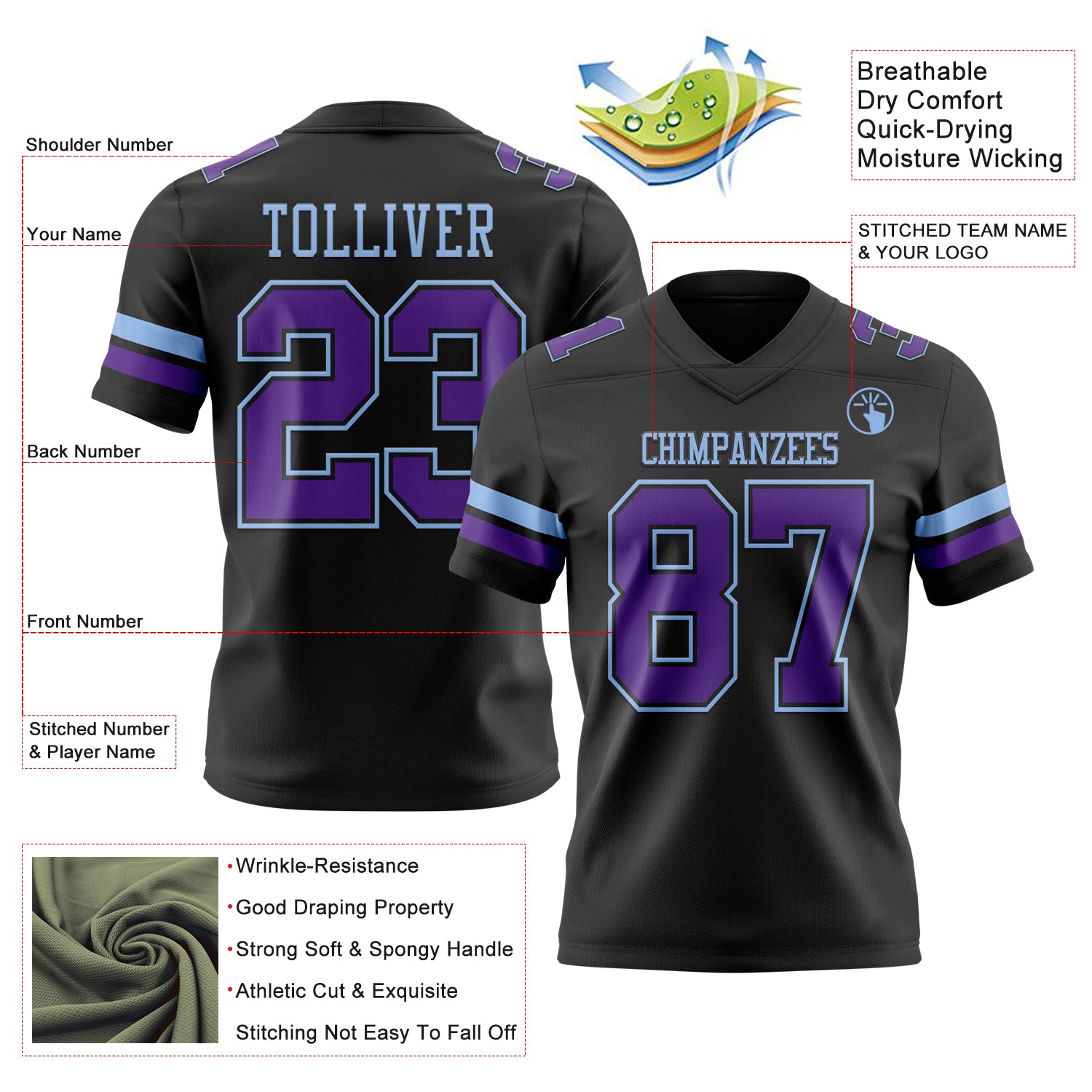 Custom Black Purple-Light Blue Authentic Football Jersey