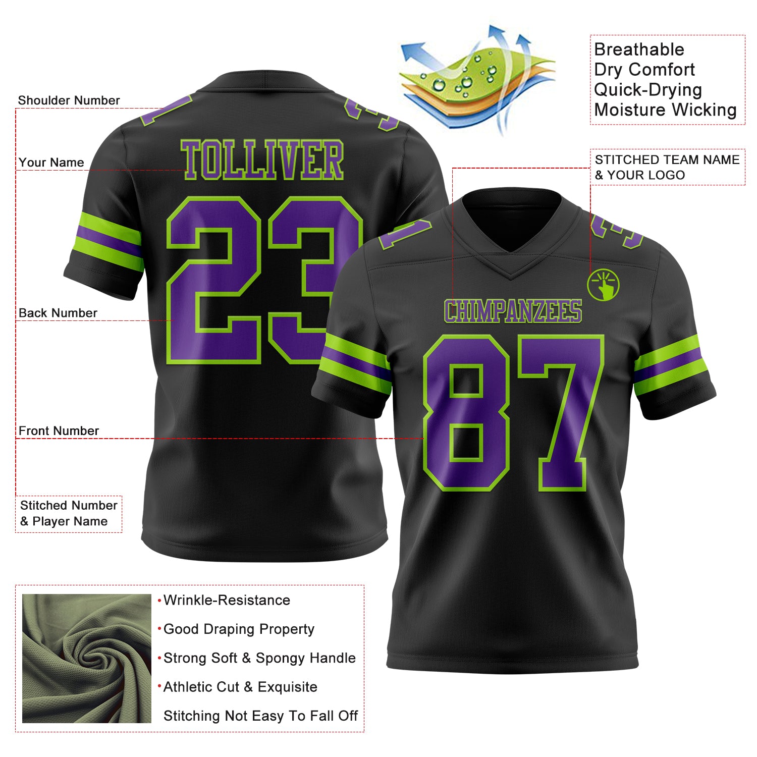 Custom Black Purple-Neon Green Authentic Football Jersey