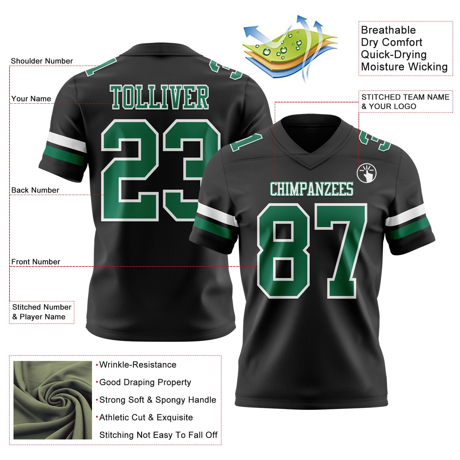 Custom Black Kelly Green-White Authentic Football Jersey