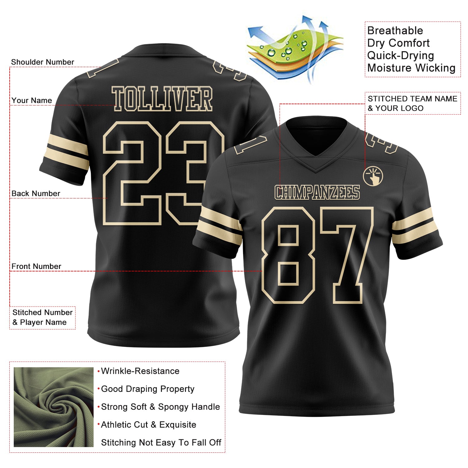 Custom Black Cream Authentic Football Jersey