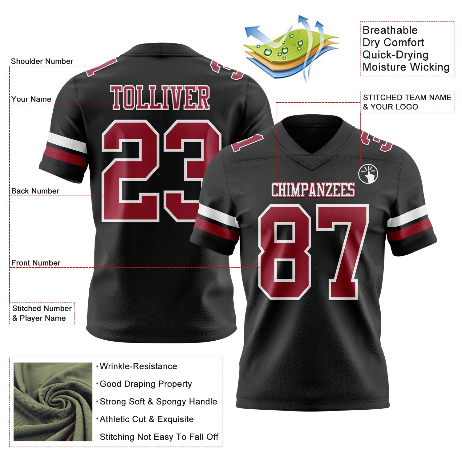 Custom Black Cardinal-White Authentic Football Jersey