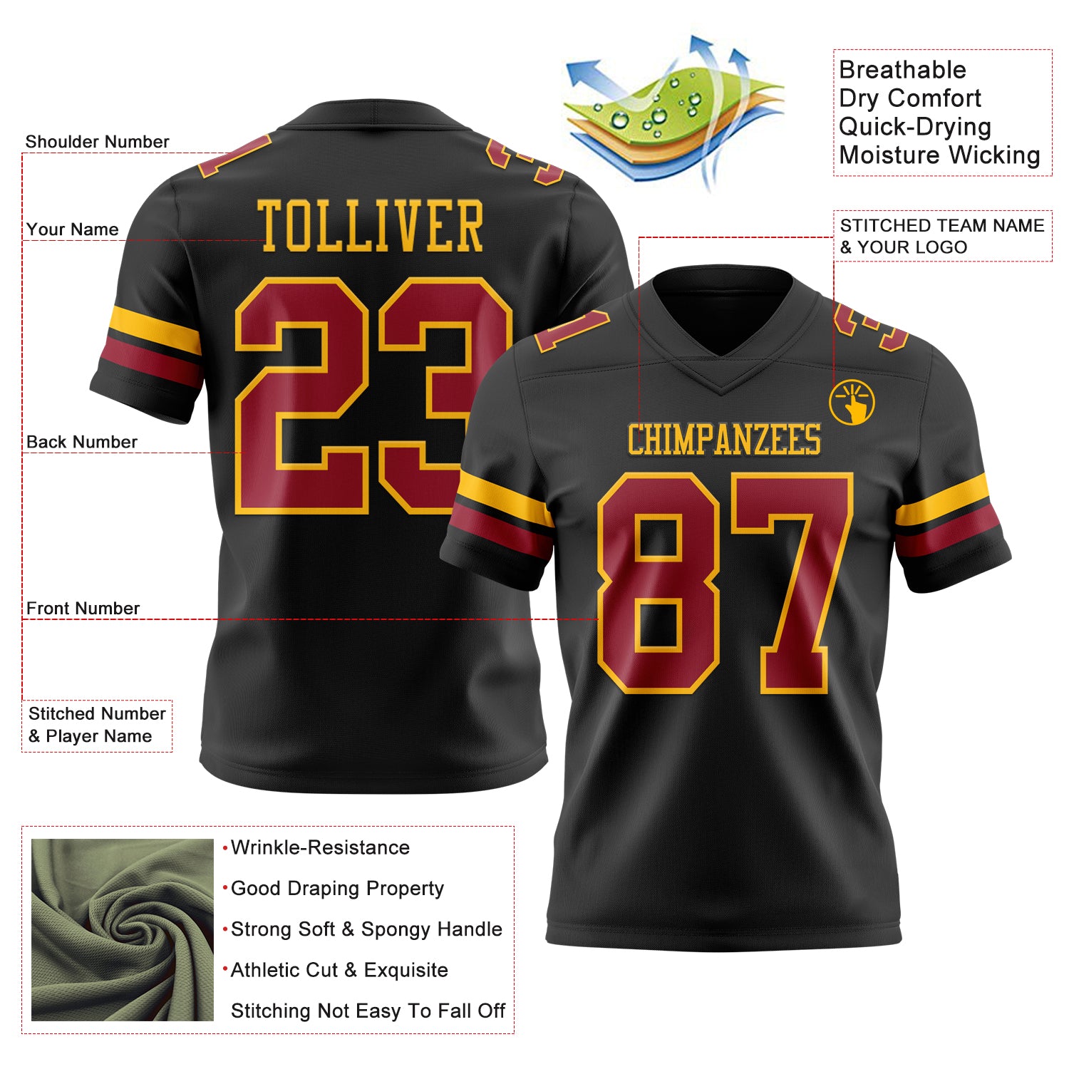 Custom Black Cardinal-Gold Authentic Football Jersey