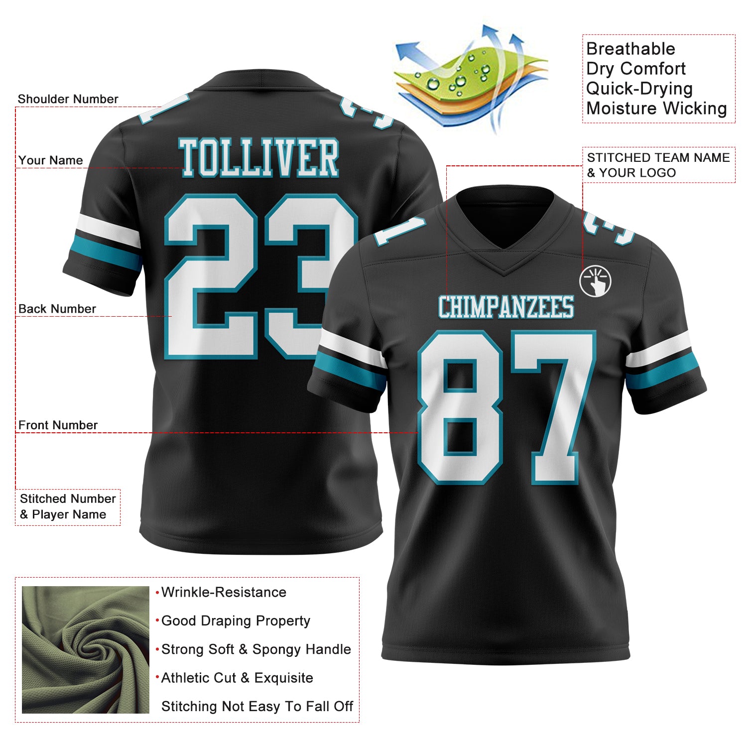 Custom Black White-Teal Authentic Football Jersey