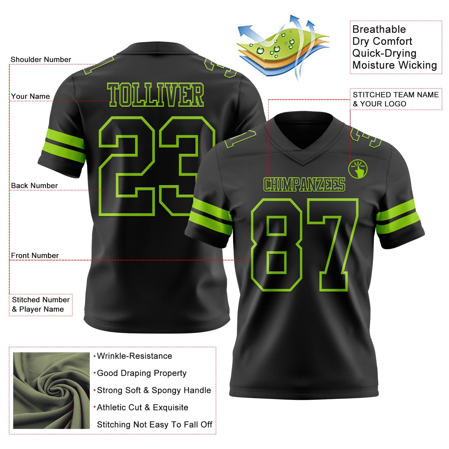 Custom Black Neon Green Authentic Football Jersey