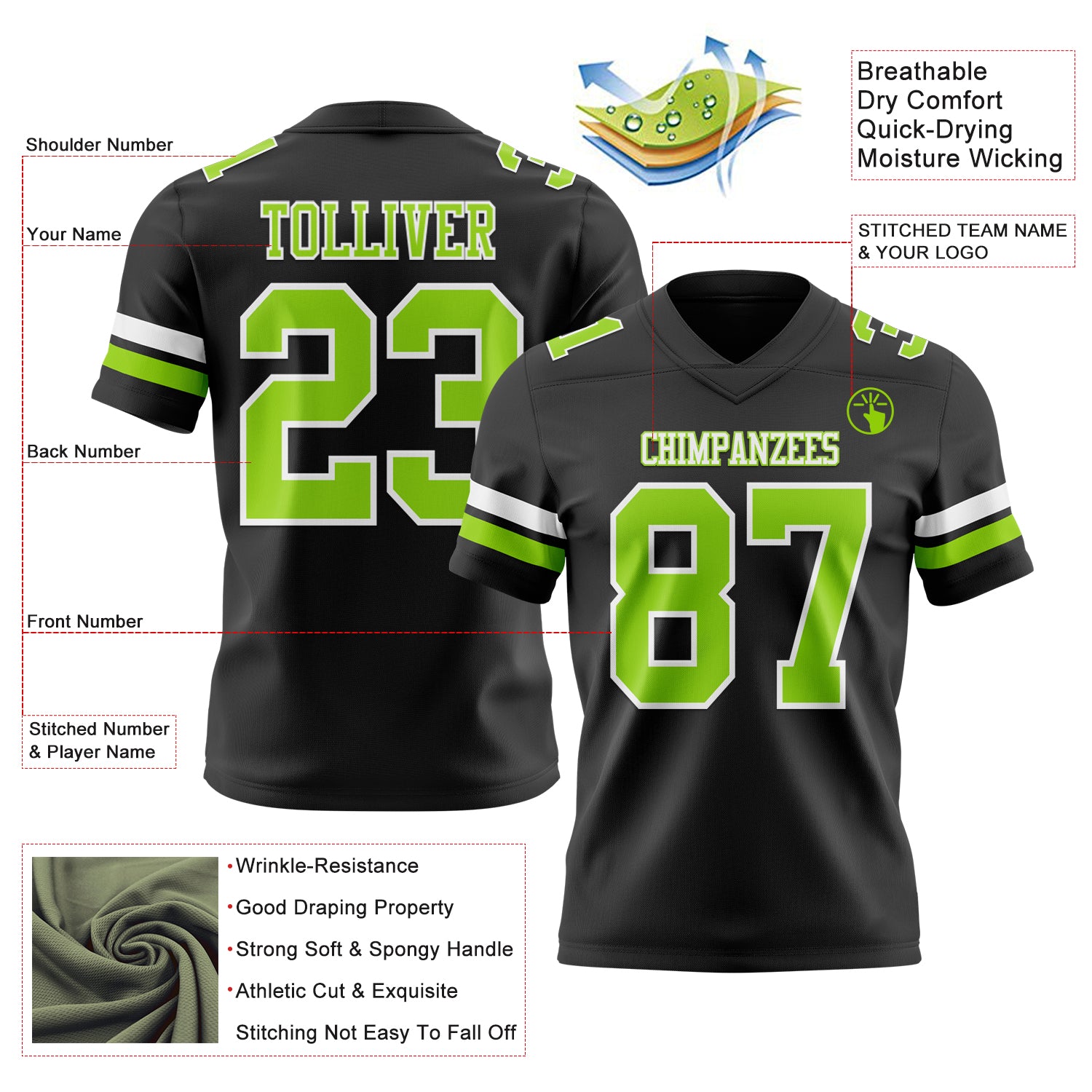 Custom Black Football Jersey Neon Green-White Mesh Authentic