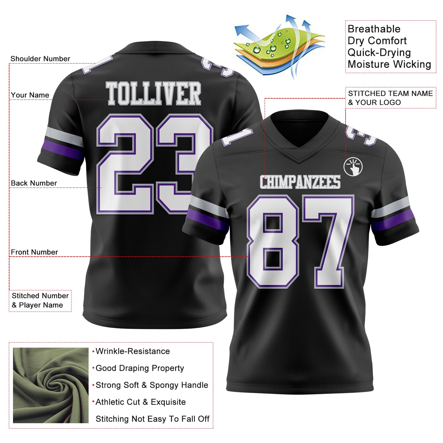 Custom Black White Purple-Gray Authentic Football Jersey
