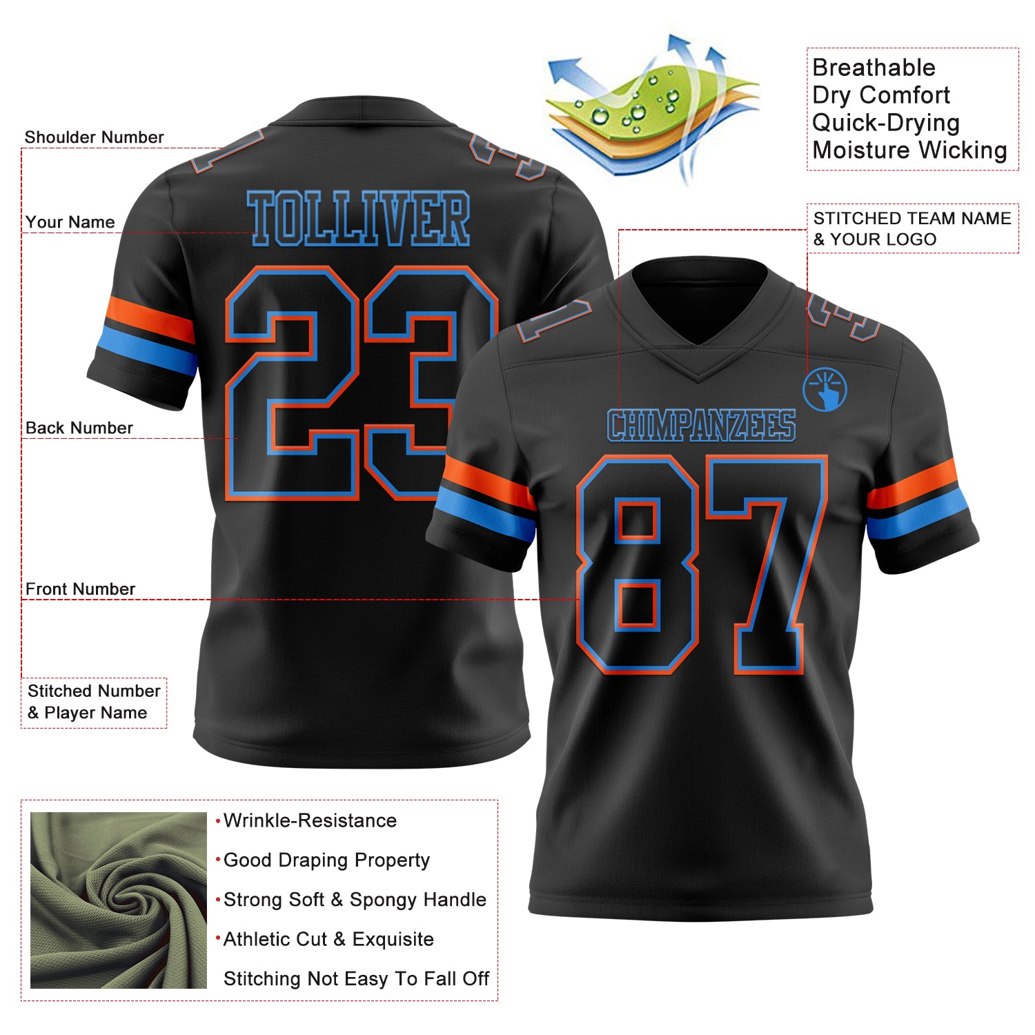 Custom Black Powder Blue-Orange Authentic Football Jersey