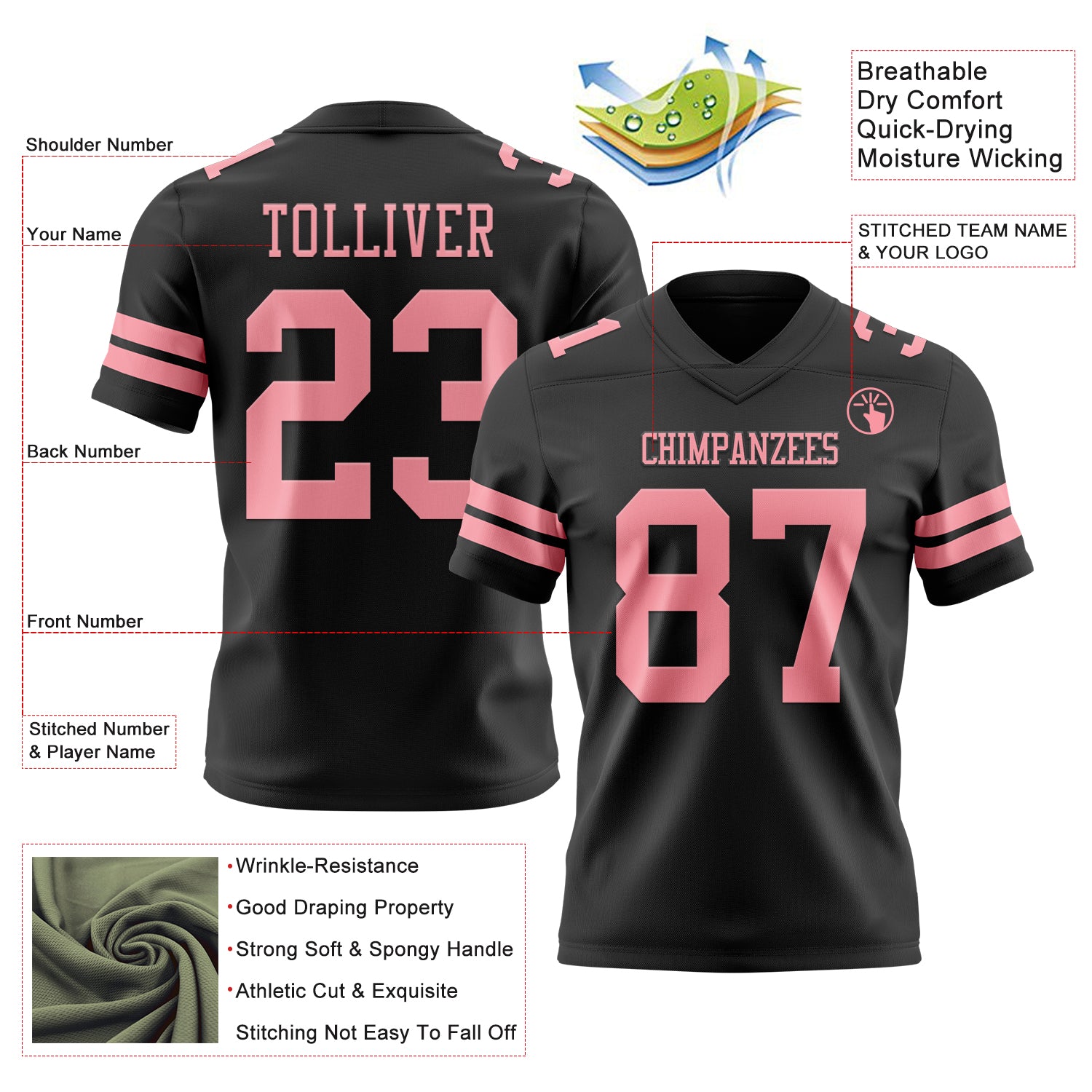 Custom Black Medium Pink Authentic Football Jersey