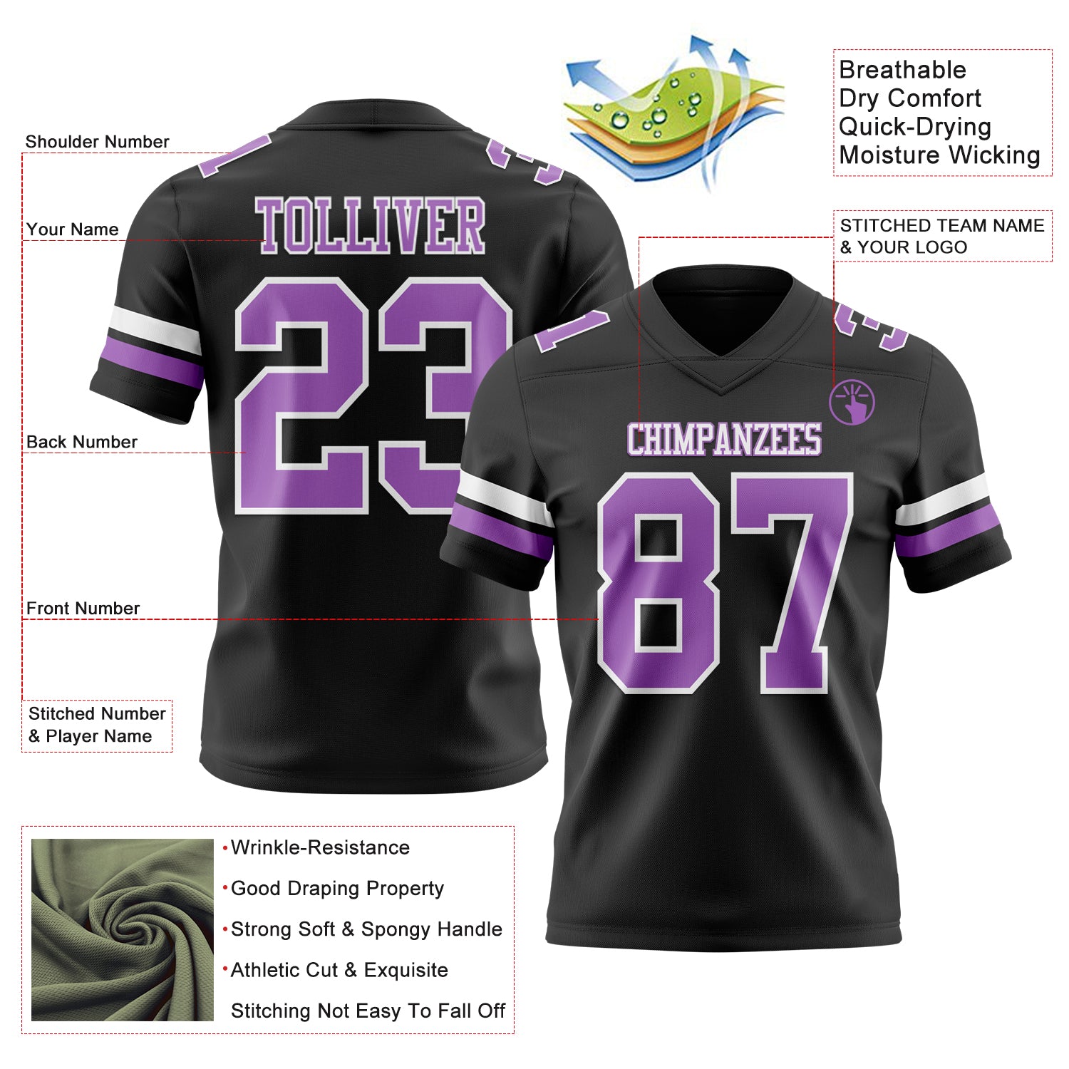 Custom Black Medium Purple-White Authentic Football Jersey