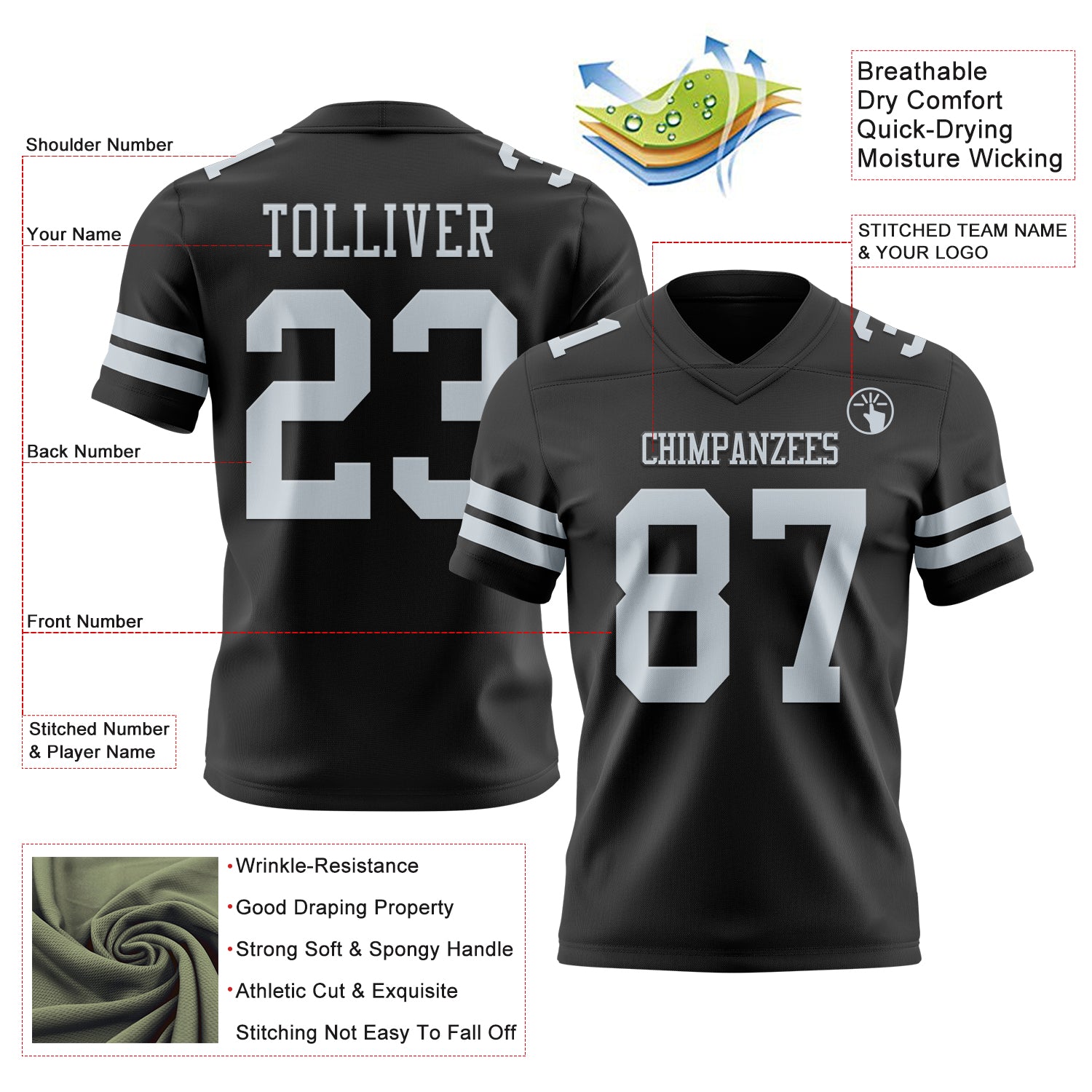 Custom Black Silver Authentic Football Jersey