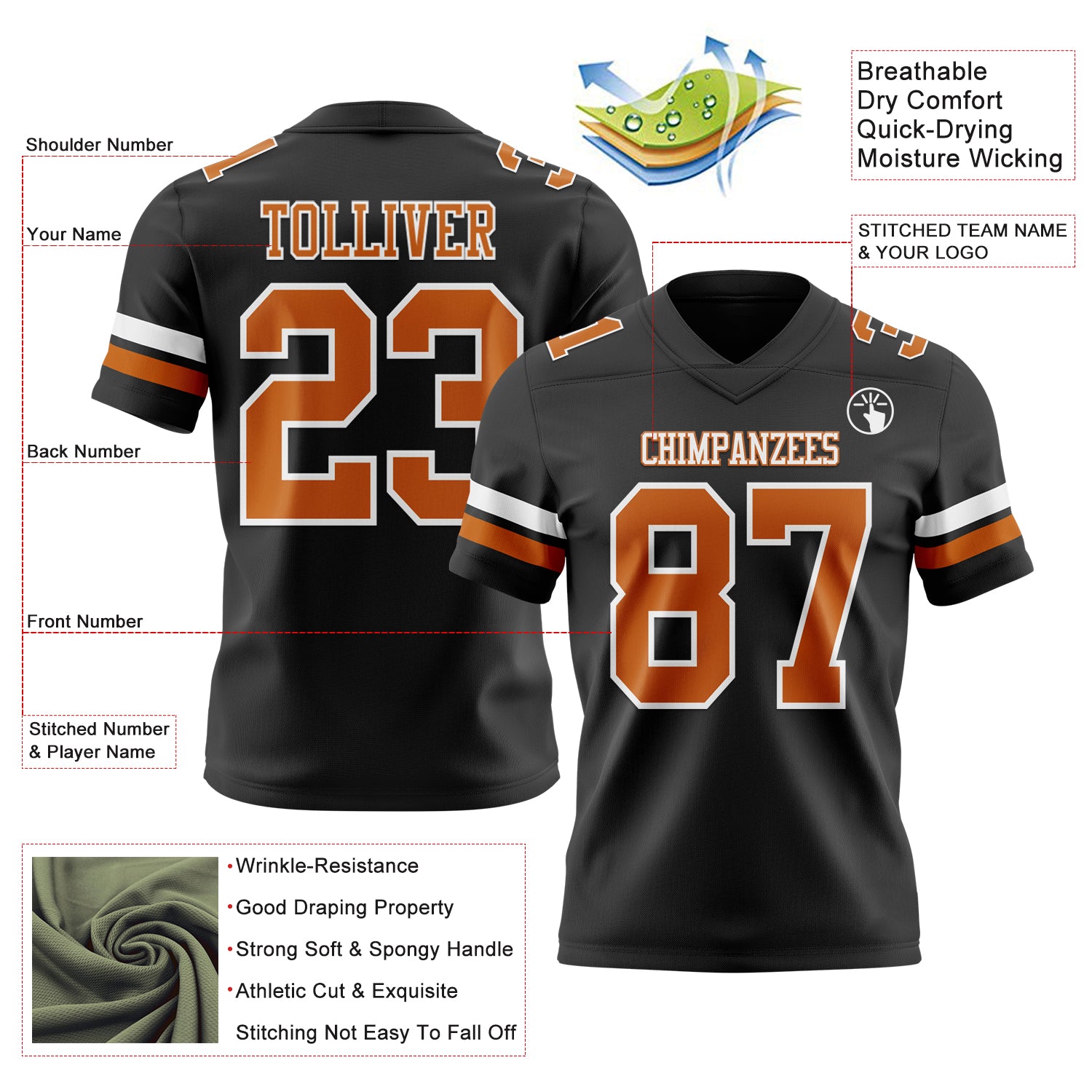 Custom Black Texas Orange-White Authentic Football Jersey