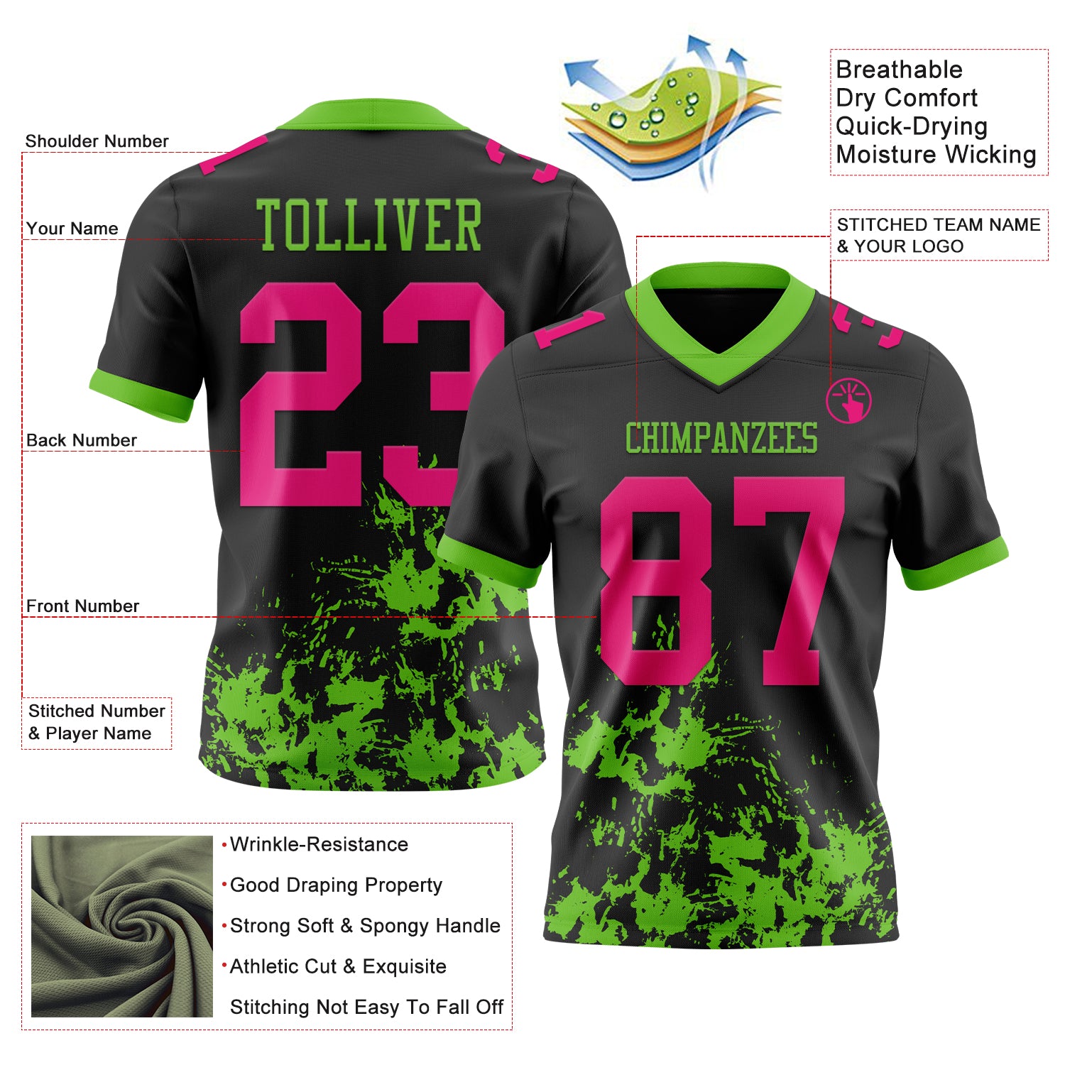 Custom Black Hot Pink-Aurora Green 3D Pattern Splash Authentic Football Jersey