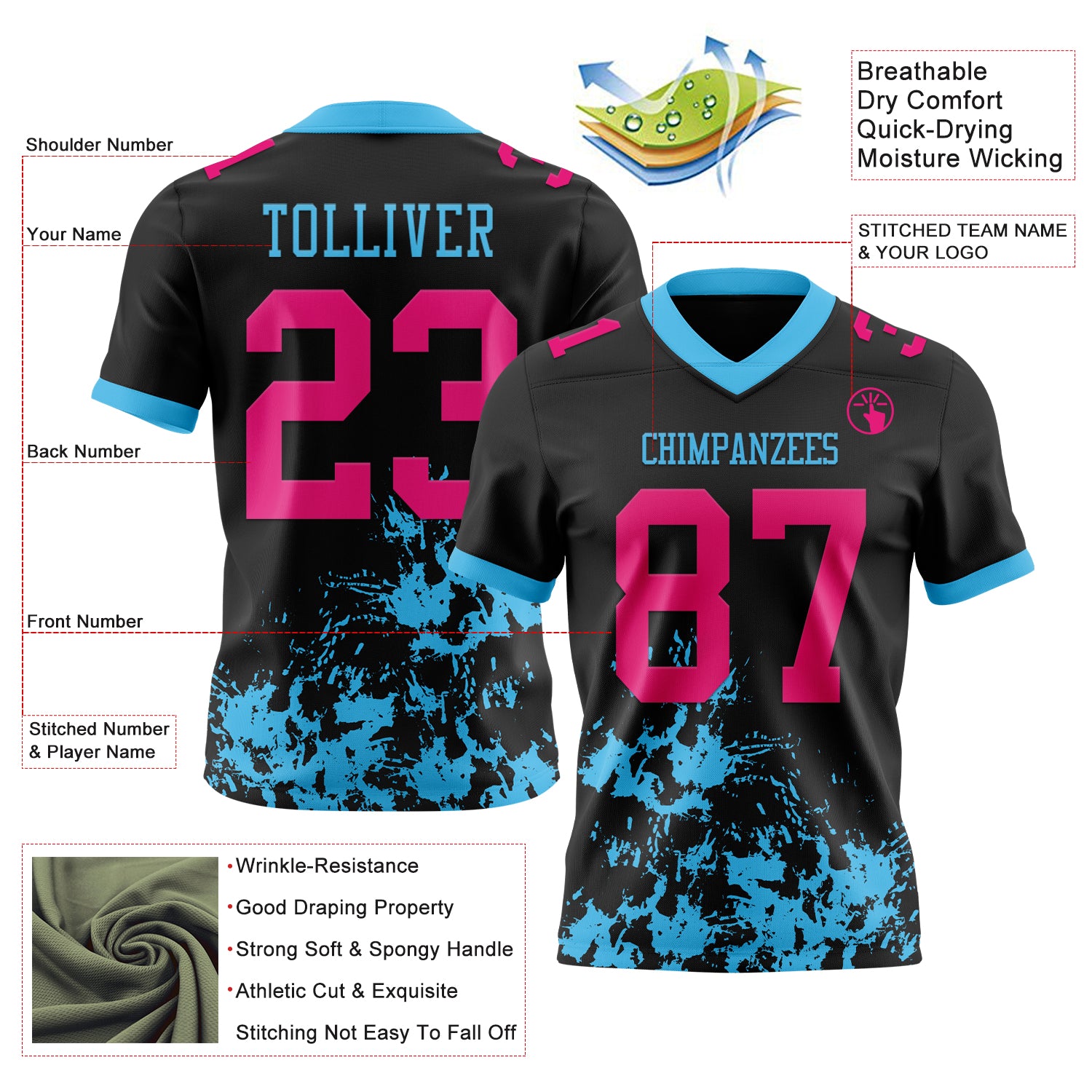 Custom Black Hot Pink-Sky Blue 3D Pattern Splash Authentic Football Jersey