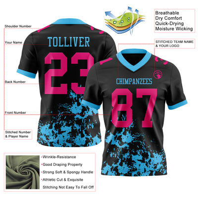 Custom Black Hot Pink-Sky Blue 3D Pattern Splash Authentic Football Jersey