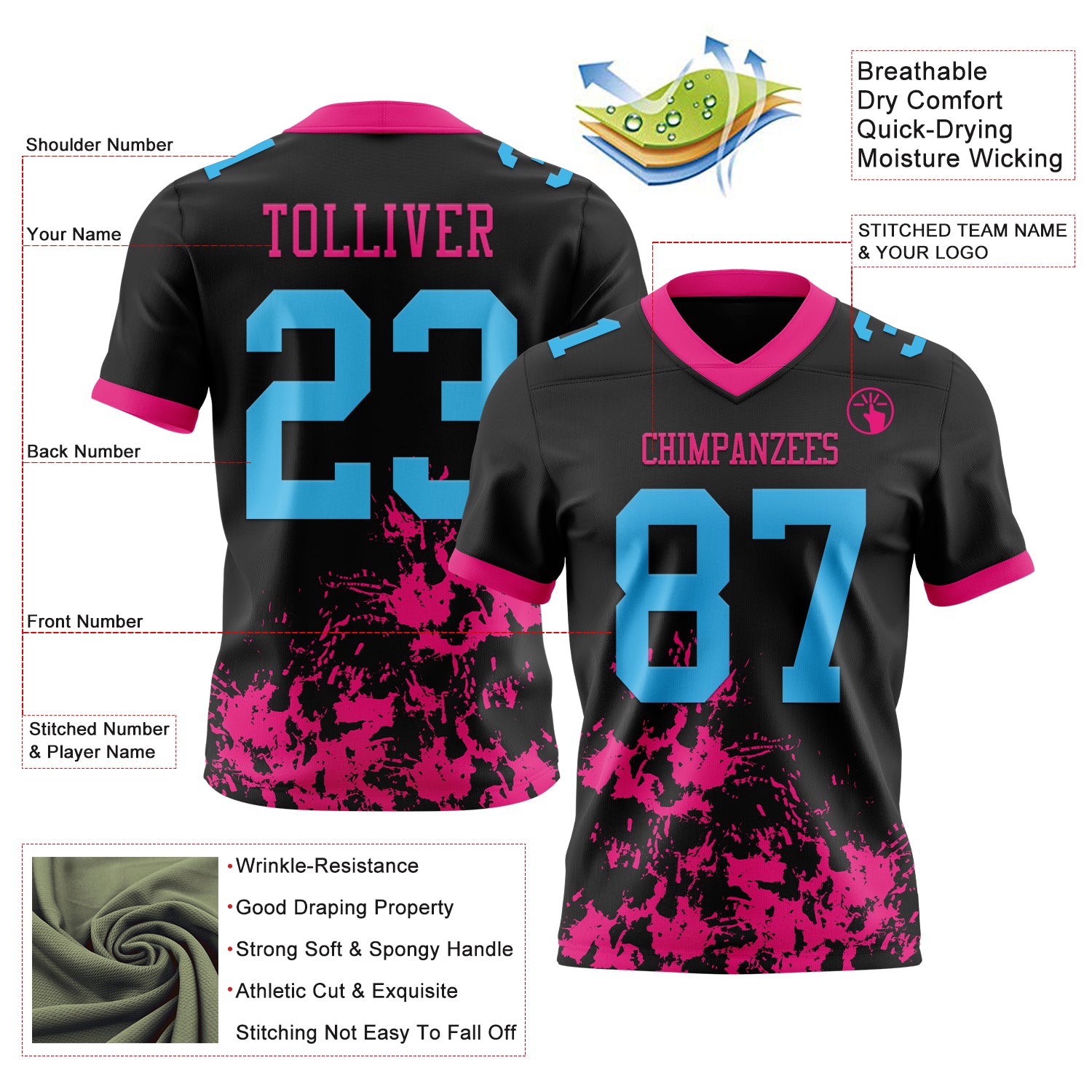 Custom Black Sky Blue-Hot Pink 3D Pattern Splash Authentic Football Jersey