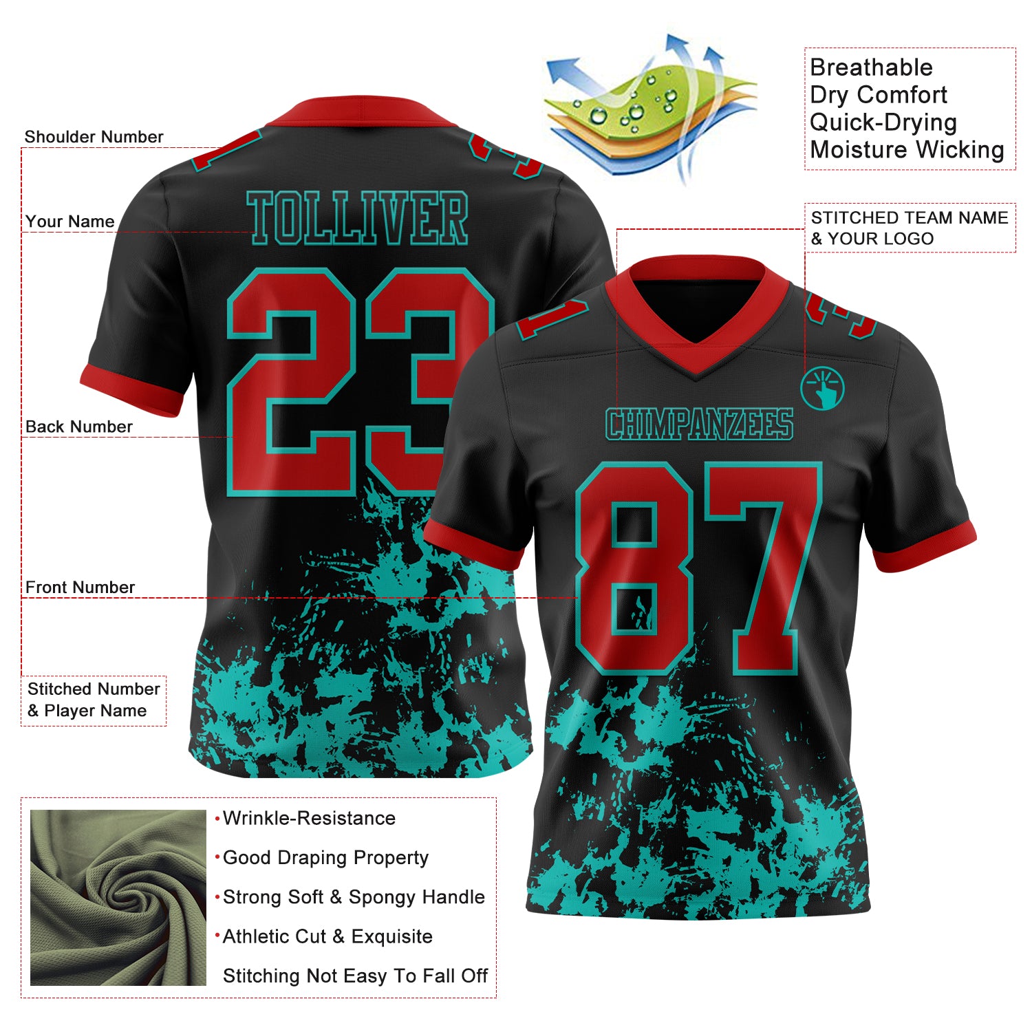 Custom Black Red-Aqua 3D Pattern Splash Authentic Football Jersey