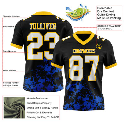 Custom Black White Thunder Blue-Yellow 3D Pattern Splash Authentic Football Jersey