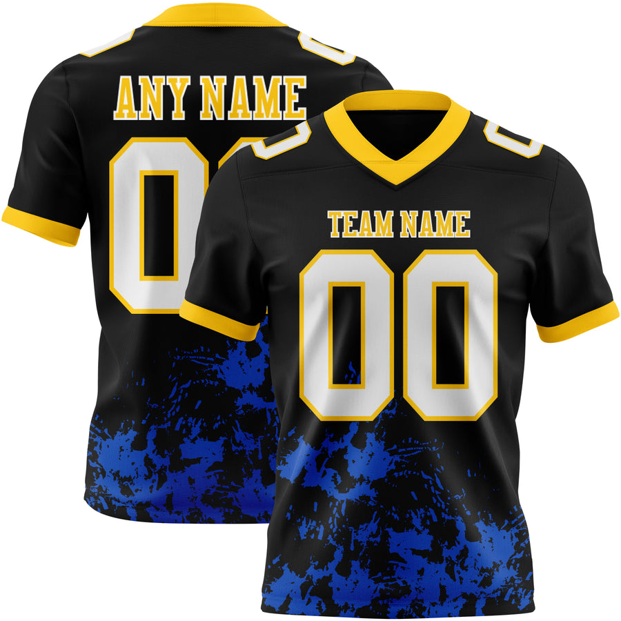 Custom Black White Thunder Blue-Yellow 3D Pattern Splash Authentic Football Jersey
