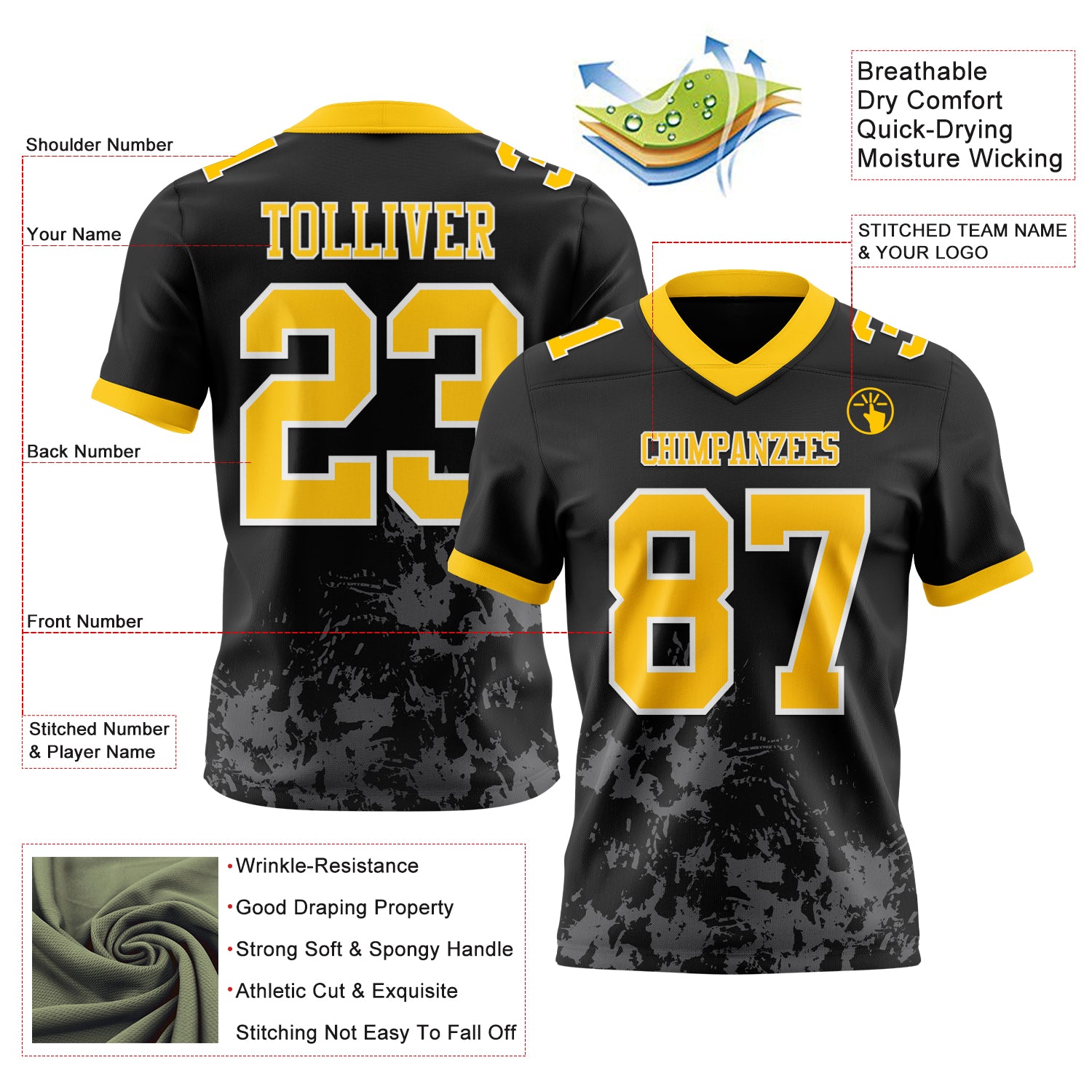 Custom Black Yellow Steel Gray-White 3D Pattern Splash Authentic Football Jersey
