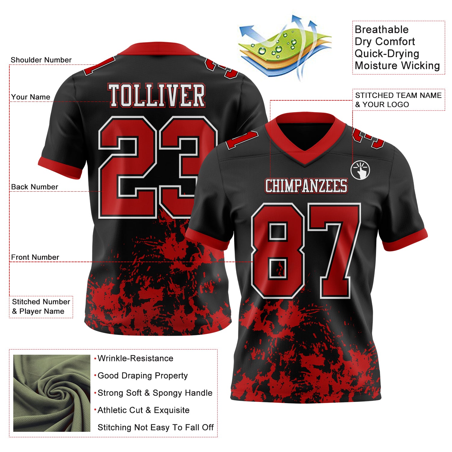 Custom Black Red-White 3D Pattern Splash Authentic Football Jersey