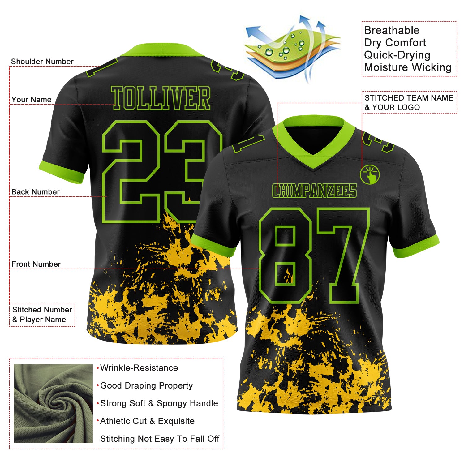 Custom Black Yellow-Neon Green 3D Pattern Splash Authentic Football Jersey