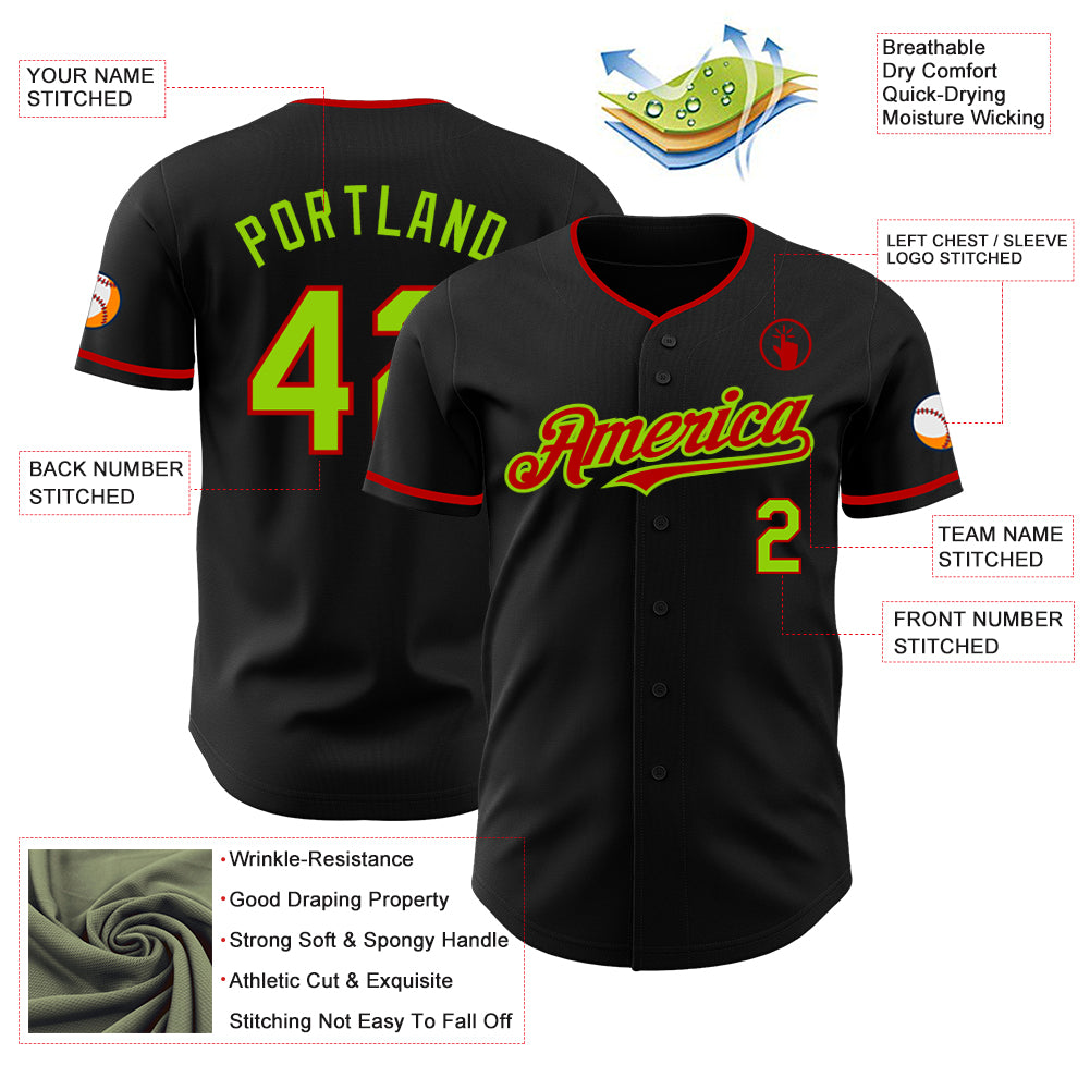 Custom Black Neon Green-Red Authentic Baseball Jersey