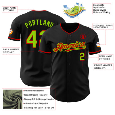 Custom Black Neon Green-Red Authentic Baseball Jersey