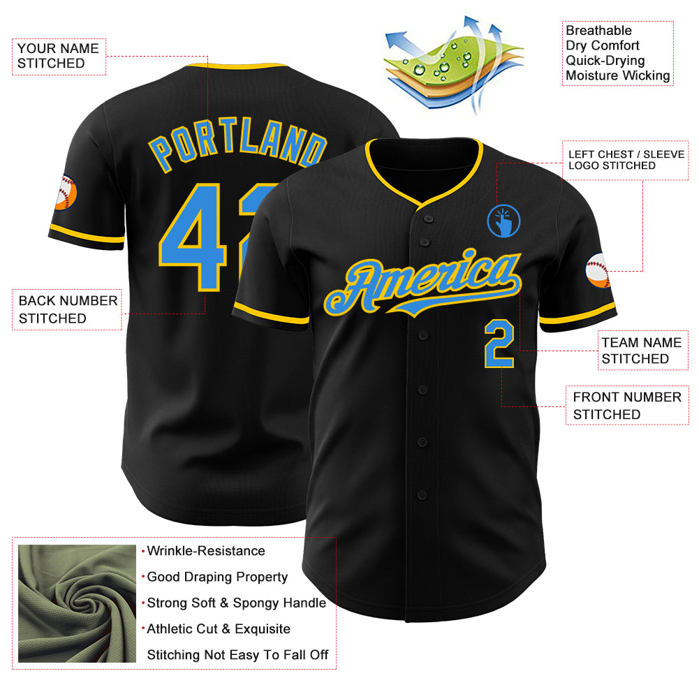 Custom Black Electric Blue-Yellow Authentic Baseball Jersey