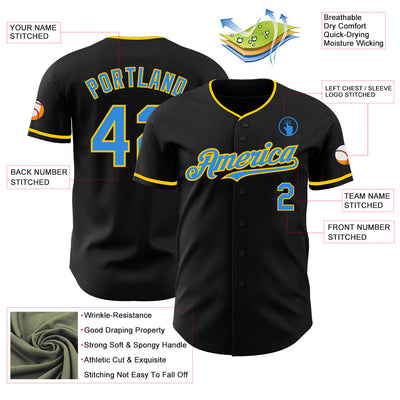 Custom Black Electric Blue-Yellow Authentic Baseball Jersey