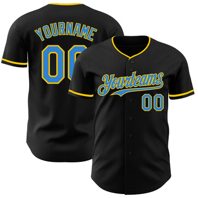 Custom Black Electric Blue-Yellow Authentic Baseball Jersey