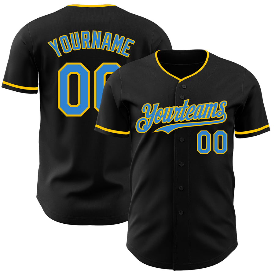 Custom Black Electric Blue-Yellow Authentic Baseball Jersey