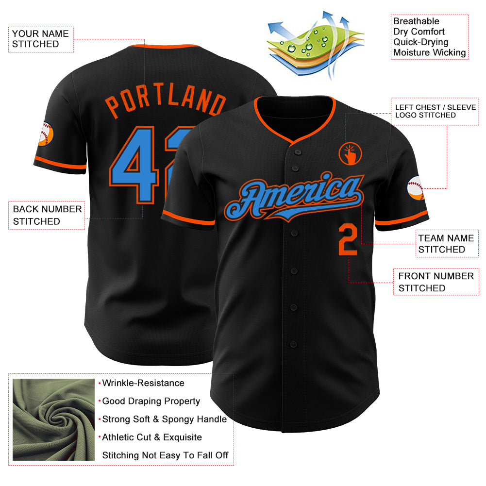 Custom Black Electric Blue-Orange Authentic Baseball Jersey