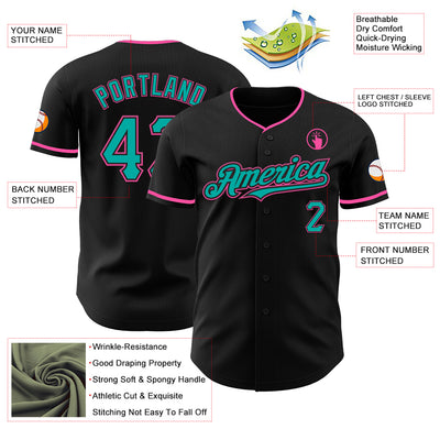Custom Black Aqua-Pink Authentic Baseball Jersey