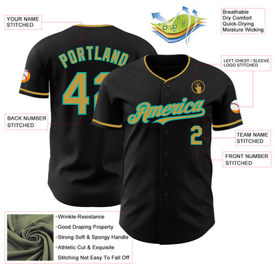 Custom Black Old Gold-Aqua Authentic Baseball Jersey