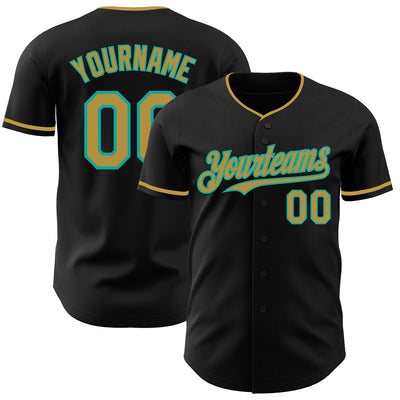 Custom Black Old Gold-Aqua Authentic Baseball Jersey