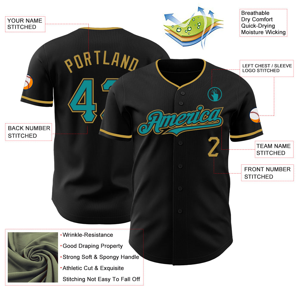 Custom Black Teal-Old Gold Authentic Baseball Jersey