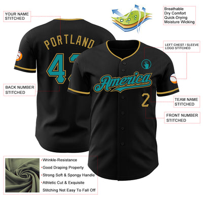 Custom Black Teal-Old Gold Authentic Baseball Jersey