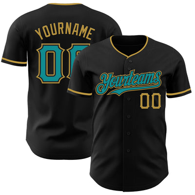 Custom Black Teal-Old Gold Authentic Baseball Jersey