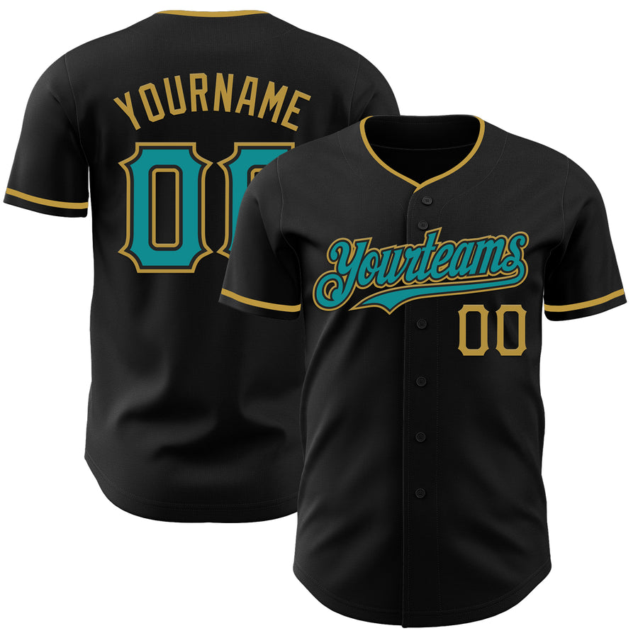 Custom Black Teal-Old Gold Authentic Baseball Jersey