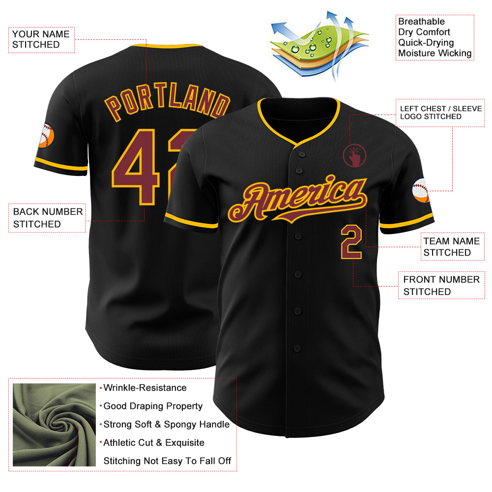Custom Black Burgundy-Gold Authentic Baseball Jersey