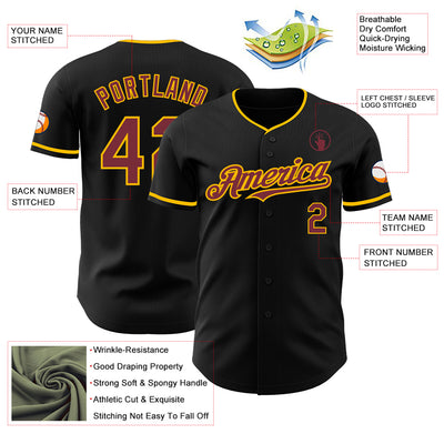 Custom Black Burgundy-Gold Authentic Baseball Jersey