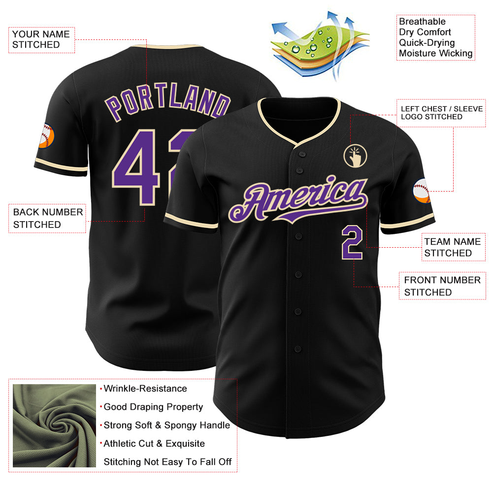 Custom Black Purple-Cream Authentic Baseball Jersey
