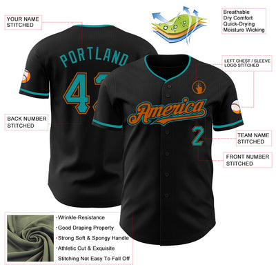 Custom Black Teal-Texas Orange Authentic Baseball Jersey