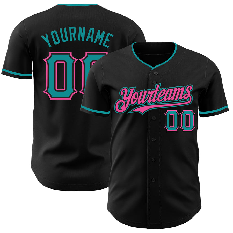Custom Black Teal-Pink Authentic Baseball Jersey