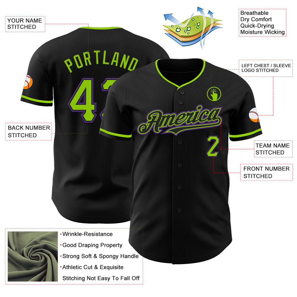Custom Black Neon Green-Purple Authentic Baseball Jersey