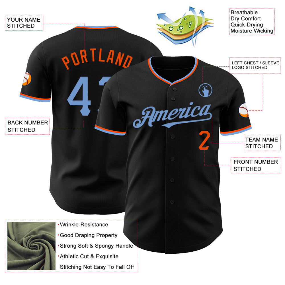 Custom Black Powder Blue-Orange Authentic Baseball Jersey